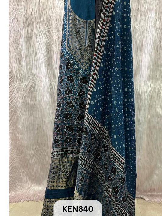 DOLA SILK NATURAL DYE HANDBLOCK PRINT 2PC -UNSTICHED SUIT(3.30MTRTOP 2.20MTR DUPPATA