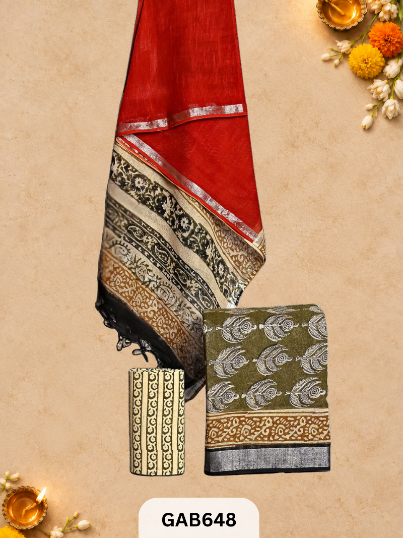 Bagru Hand Block Printed Linen Suits With Zari Border