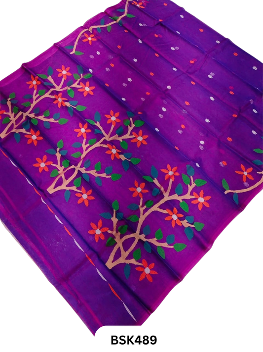 Handloom Pure Muslin Jamdhani Needle Work Weave Saree