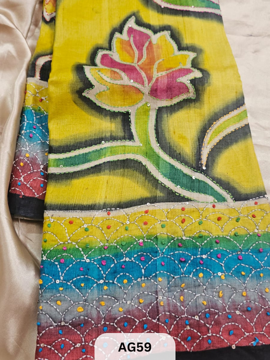 PURE GACHI TUSSAR WITH SPECIAL HAND PAINT| HAND KANTHA STITCH | SILK MARK