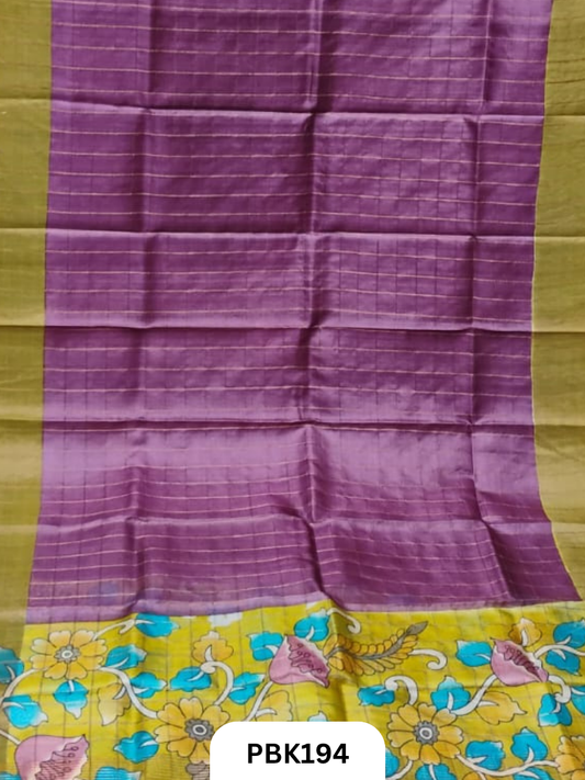 Pure Tussar Silk Saree with Checked design  Plain Body with Kalamkari Design in Pallu
