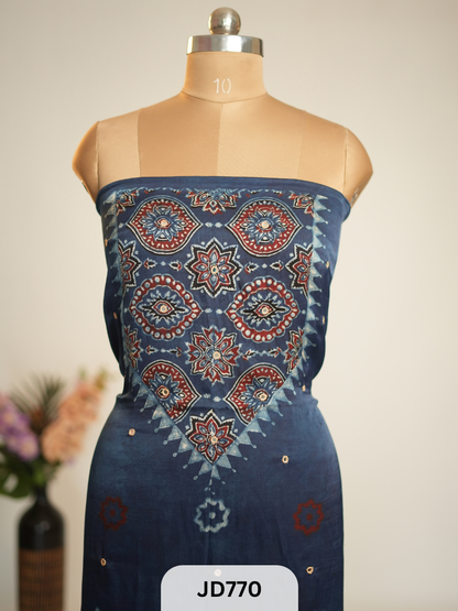MODAL SILK AJRAKH HANDBLOCK PRINT WITH MIRROR WORK TOP KAFTAN FABRIC - Preorder 10 days