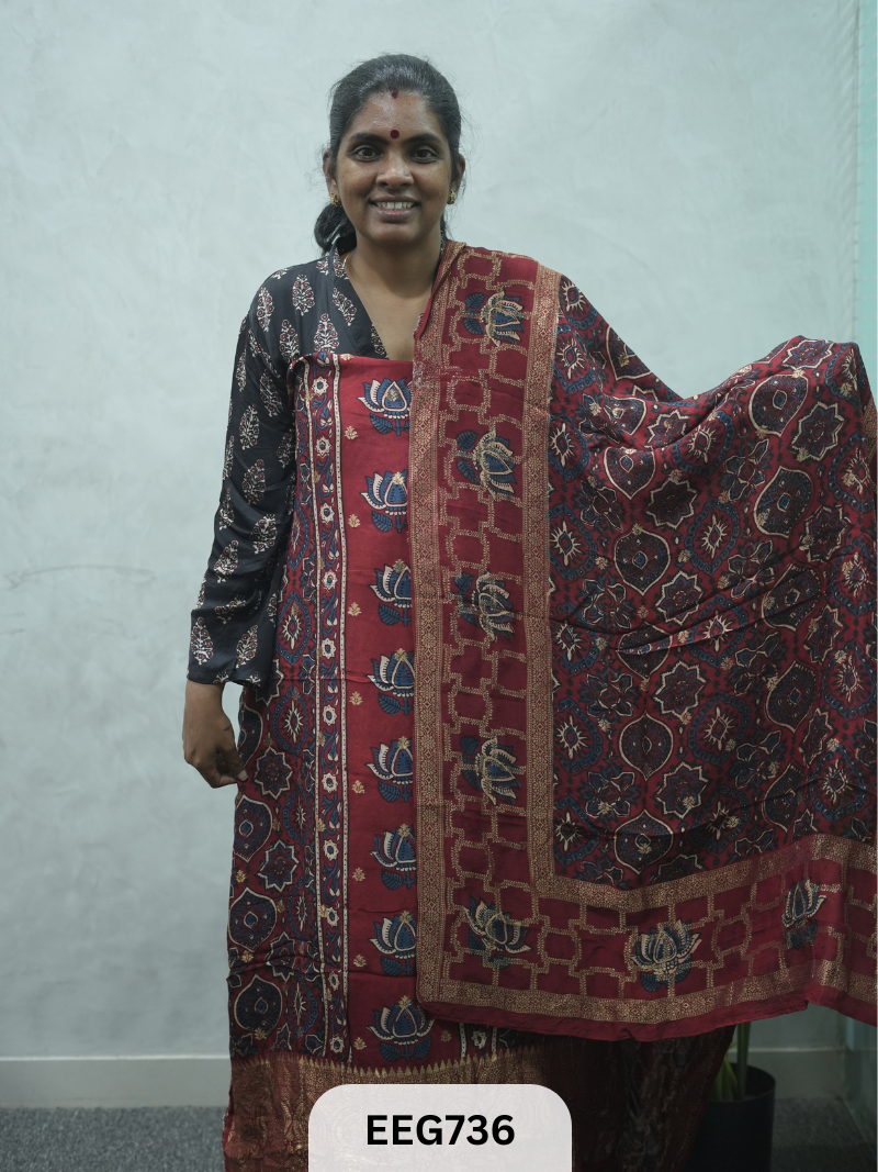 AJRAKH DOLA SILK 2 PCS-UNSTITCHED ( TOP 3.5MTR AND DUPPATA 2.25MTR ) - IMMEDIEATE DISPATCH