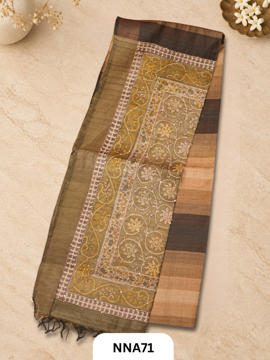 Handloom Pure Tussar Silk - Bullion With Kantha Stitch Saree
