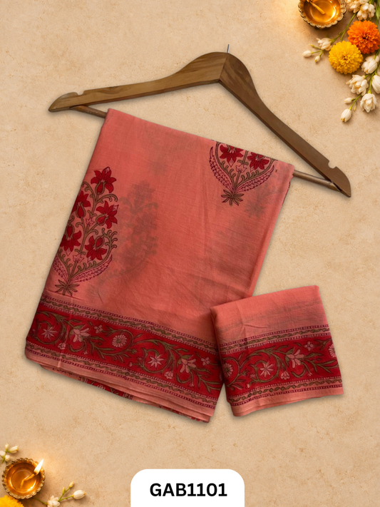 Bagru Handblock Print Mulmul Cotton Saree With Blouse