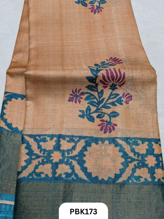 Premium Pure Tussar Silk Handblock Print Saree – Kolkata Special