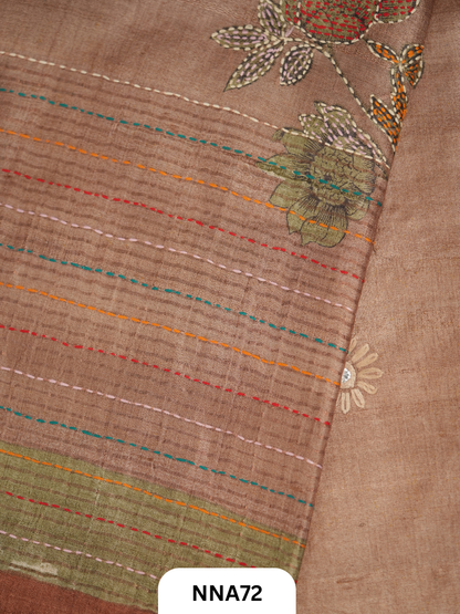 Handloom Pure Tussar Silk - Bullion With Kantha Stitch Saree