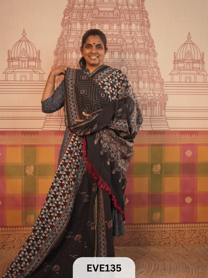 PURE CHANDERI SILK AJRAKH HANDBLOCK SAREE