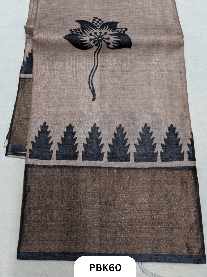 Premium Pure Tussar Silk Handblock Print Saree – Kolkata Special