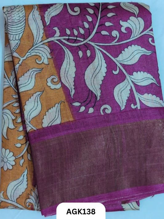 PREMIUM QUALITY  ZARI BORDER TUSSAR HAND BLOCK PRINTING WORK  WITH BLOUSE PIECE  SILK MARK CERTIFIED