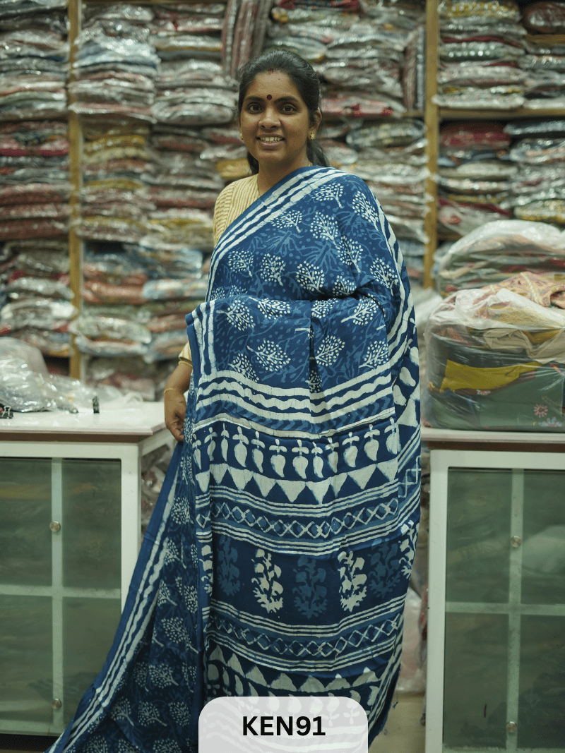 MODAL INDIGO DABU HANDBLOCK PRINT SAREE - NATURAL PROCESS