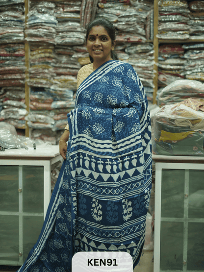 MODAL INDIGO DABU HANDBLOCK PRINT SAREE - NATURAL PROCESS