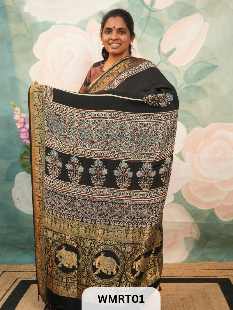 DOLA SILK WITH AJRAKH HANDBLOCK PRINT SAREE