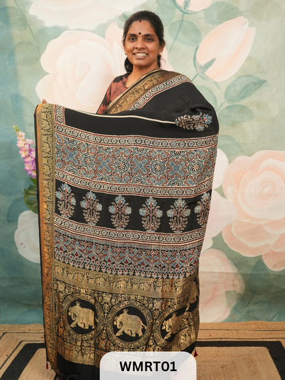 DOLA SILK WITH AJRAKH HANDBLOCK PRINT SAREE