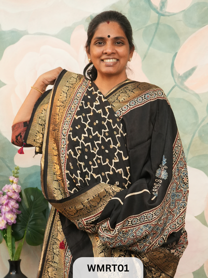 DOLA SILK WITH AJRAKH HANDBLOCK PRINT SAREE