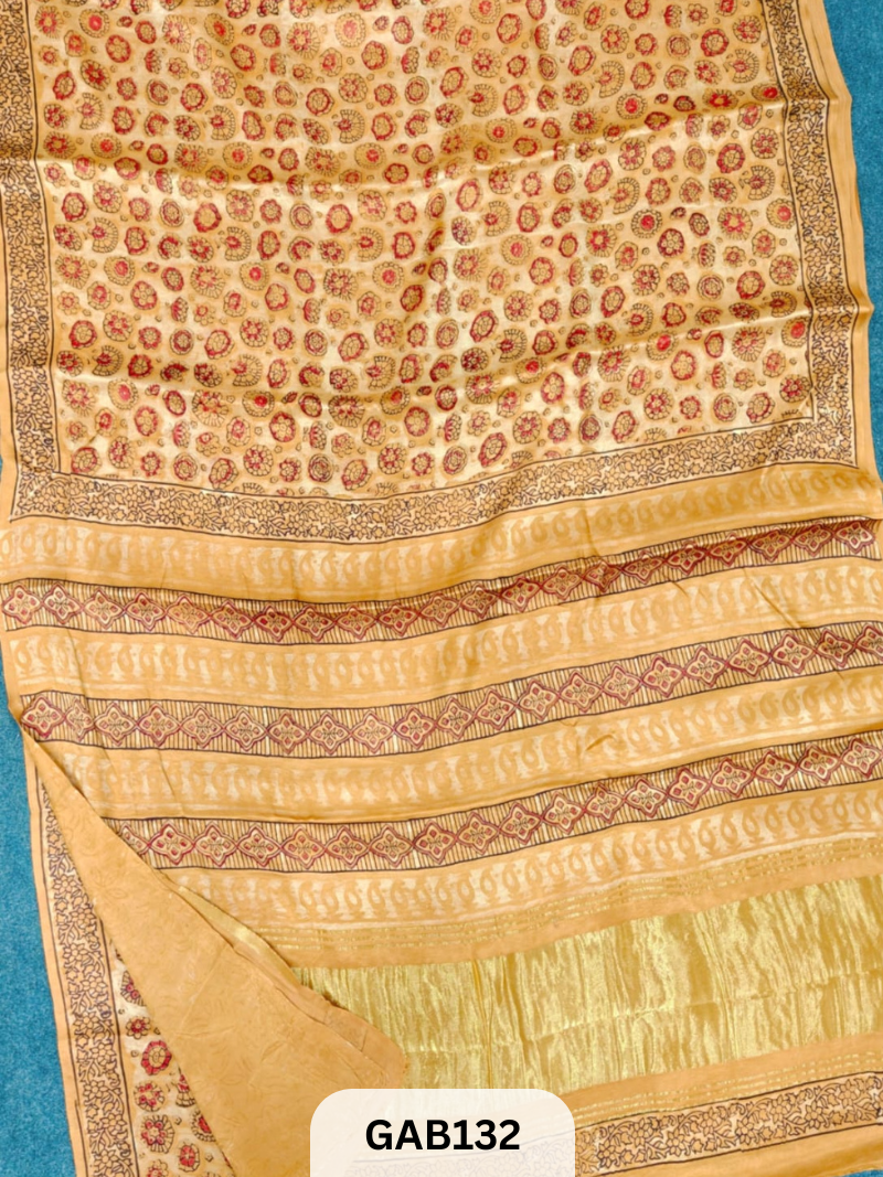 NATURAL DYE PURE HAND BLOCK PRINT LAGDI PATTA MODAL SILK SAREE