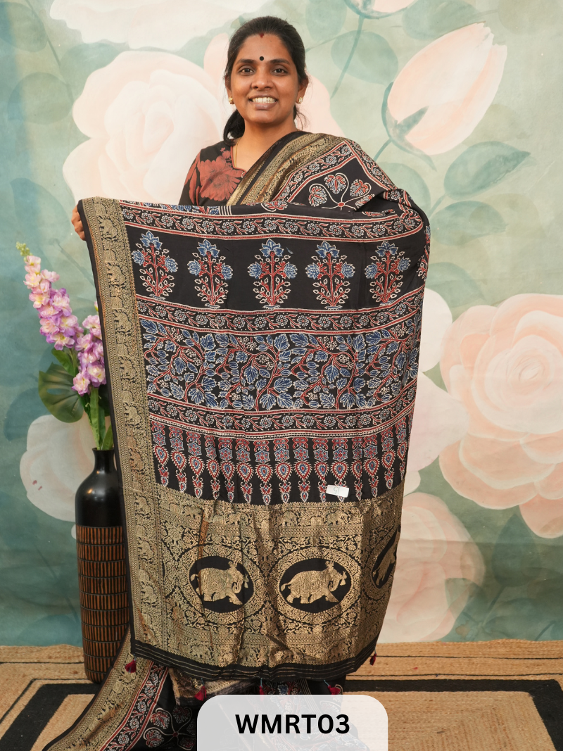 DOLA SILK WITH AJRAKH HANDBLOCK PRINT SAREE