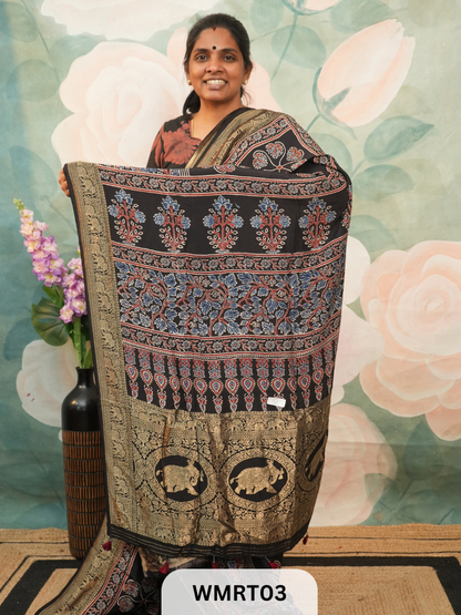 DOLA SILK WITH AJRAKH HANDBLOCK PRINT SAREE