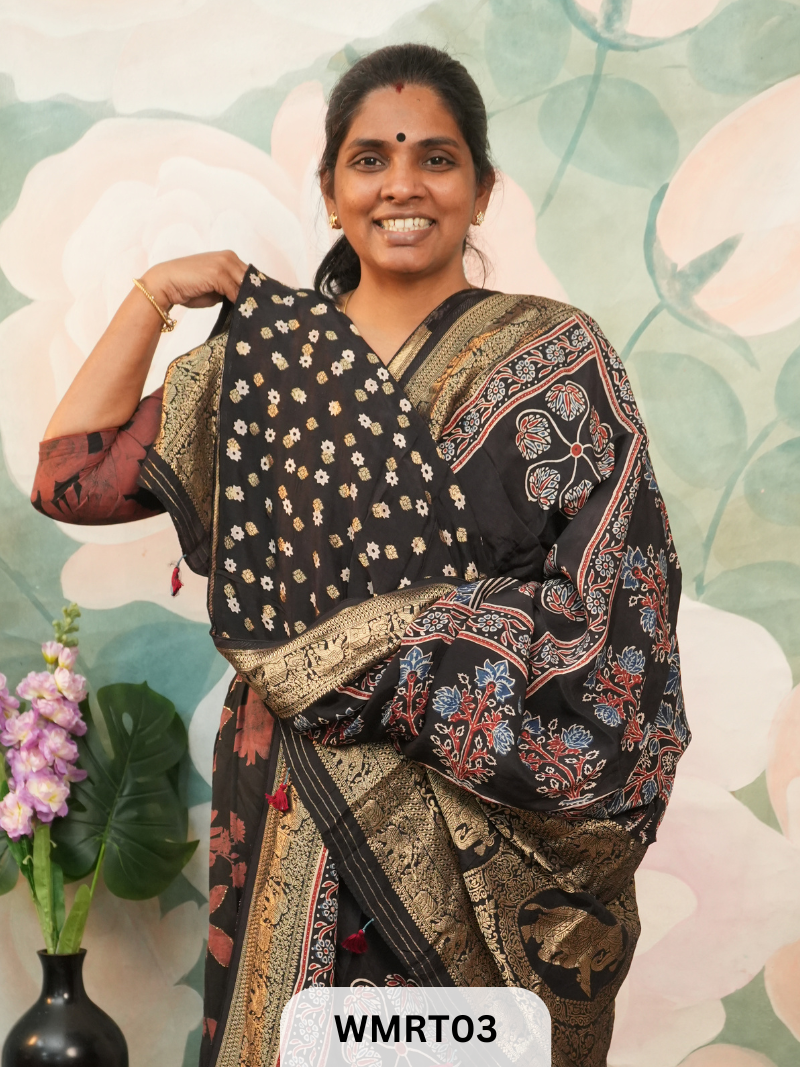 DOLA SILK WITH AJRAKH HANDBLOCK PRINT SAREE