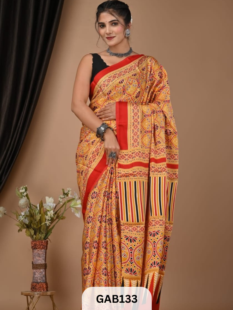 NATURAL DYE PURE HAND BLOCK PRINT LAGDI PATTA MODAL SILK SAREE