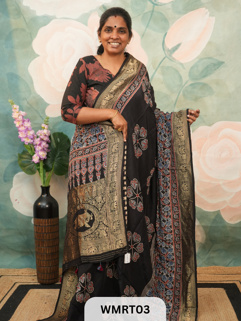 DOLA SILK WITH AJRAKH HANDBLOCK PRINT SAREE