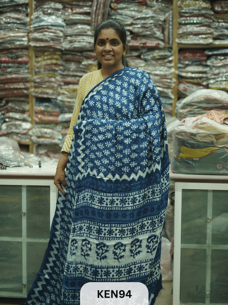 MODAL INDIGO DABU HANDBLOCK PRINT SAREE - NATURAL PROCESS