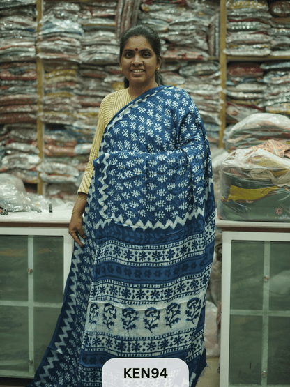 MODAL INDIGO DABU HANDBLOCK PRINT SAREE - NATURAL PROCESS