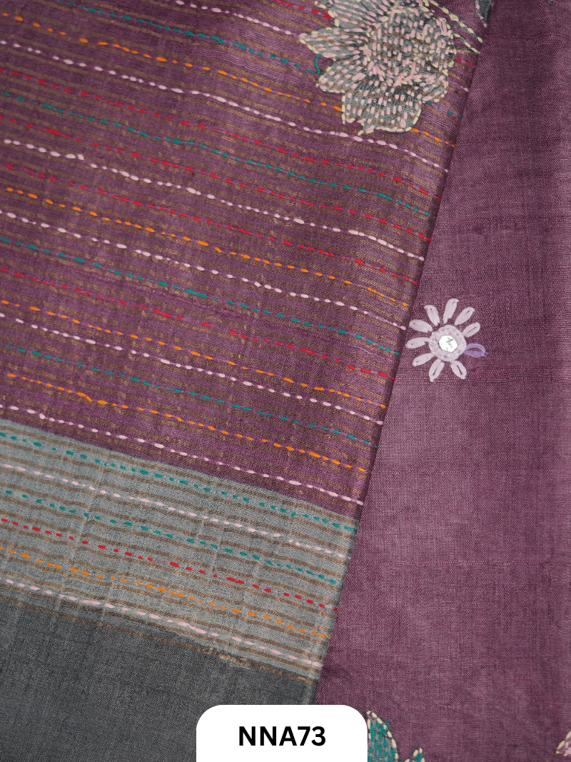 Handloom Pure Tussar Silk - Bullion With Kantha Stitch Saree