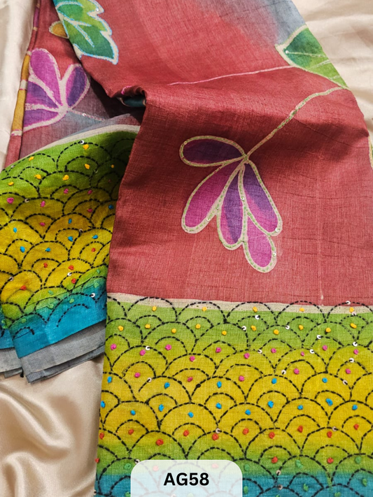 PURE GACHI TUSSAR WITH SPECIAL HAND PAINT| HAND KANTHA STITCH | SILK MARK