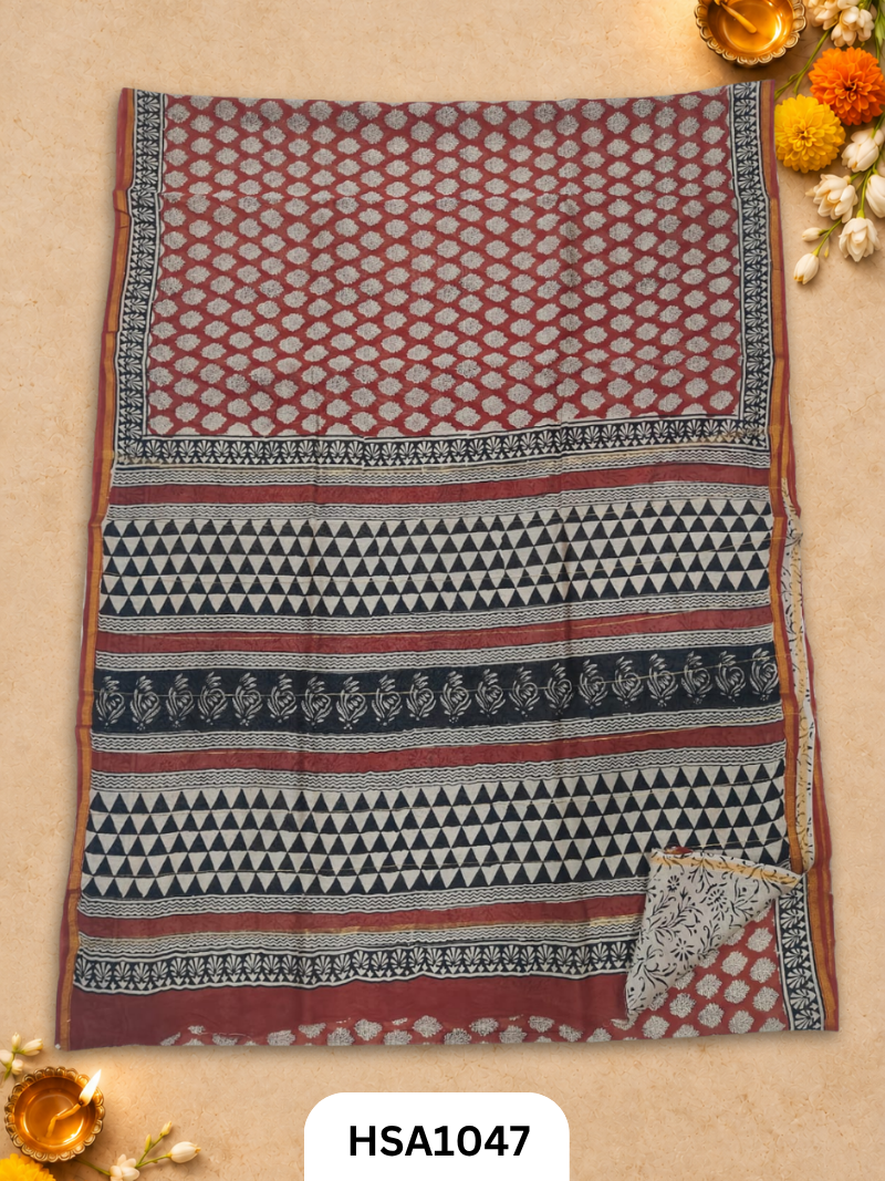 Pure Hand Block Printed Chanderi Silk Saree With Printed Blouse
