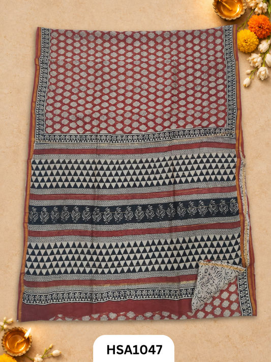 Pure Hand Block Printed Chanderi Silk Saree With Printed Blouse