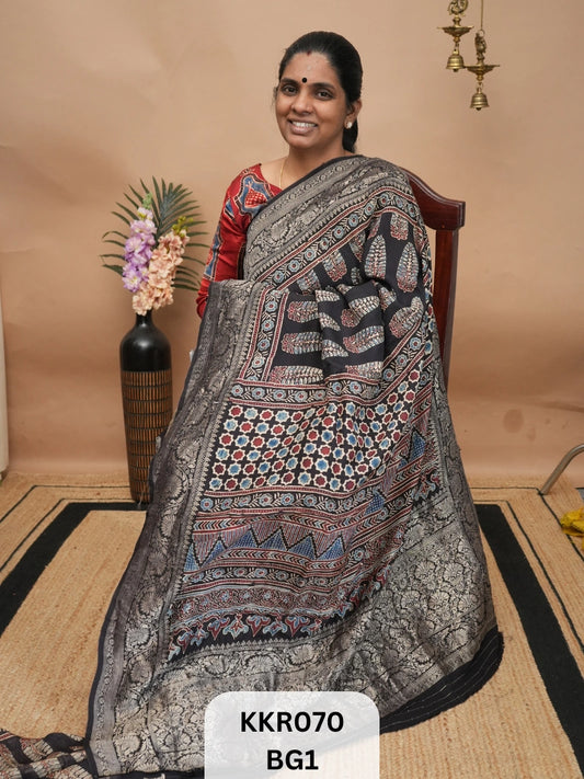 DOLA SILK - KHADI BORDER  AJRAKH HANDBLOCK PRINT
