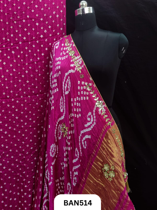 Semi gaji silk tissue pallu dani bandhej saree with khatli handwork