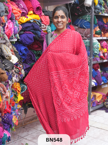 MUL COTTON HEAVY BANDHEJ SAREE WITH JARI TUSSLES