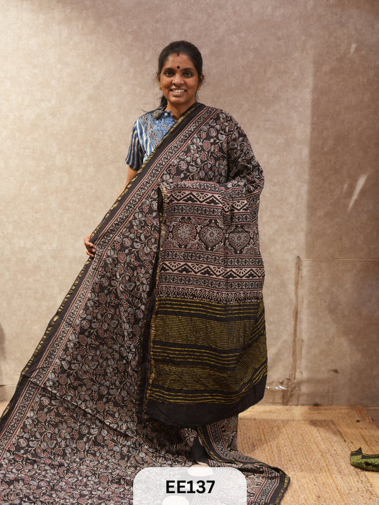 CHANDERI SILK WITH AJRAKH HANDBLOCK PRINT SAREE
