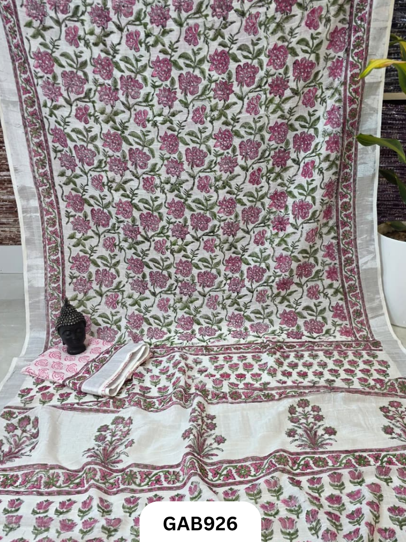 Bagru Handblock Print Linen Saree With Attached Blouse
