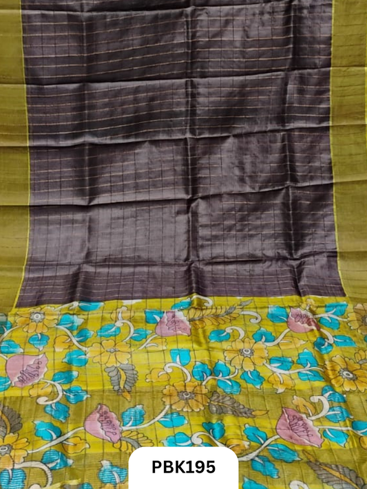 Pure Tussar Silk Saree with Checked design  Plain Body with Kalamkari Design in Pallu