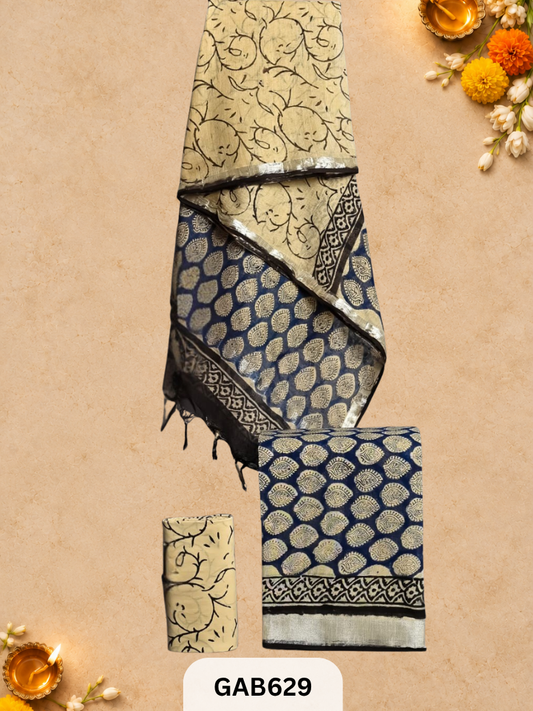 Bagru Hand Block Printed Linen Suits With Zari Border
