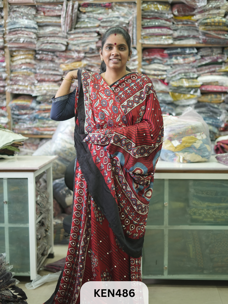 MODAL NATURAL AJRAKH HANDBLOCK SAREE WITH GLUE MIRROR