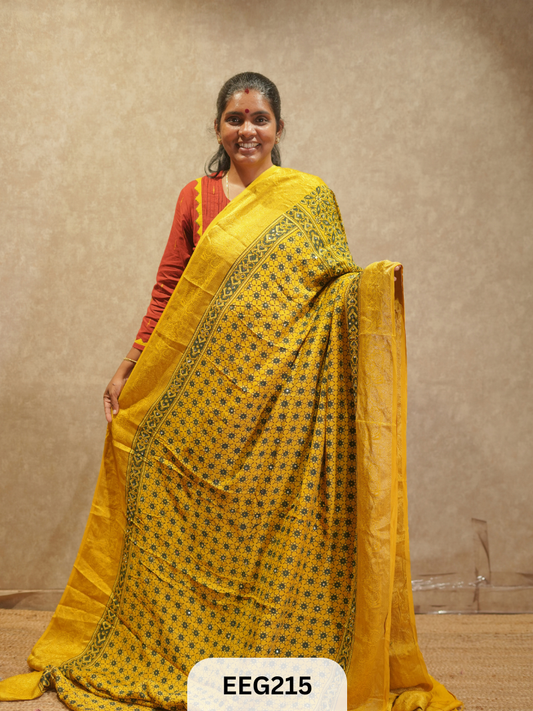 AJRAKH DOLA SILK SAREE WITH MIRROR WORK - IMMEDIATE DISPATCH