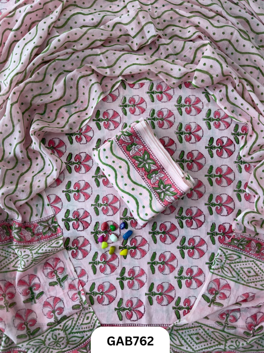 Handblock Cotton Suits With Mulmul Cotton Dupatta | Top 2.5 Mtr Dupatta 2.5 Mtr