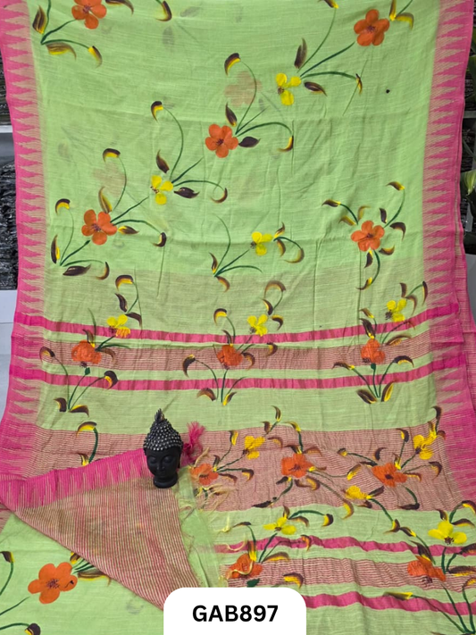 Temple Zari Border Hand Block Printed Katan Cotton Silk Saree With Running Blouse