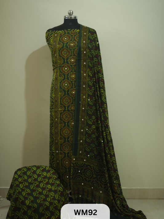 MODAL AJRAKH WITH GLUED MIRROR SALWAR SUIT - 3PCS