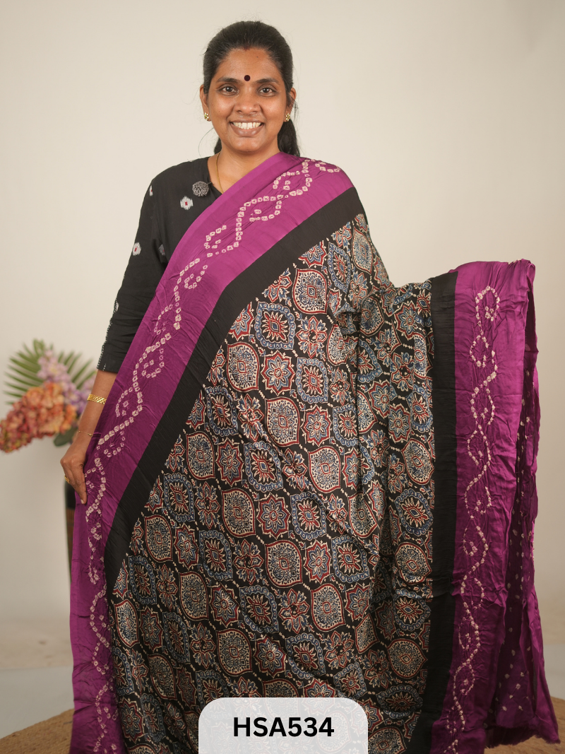 MODAL AJRAKH WITH BANDHINI SAREE