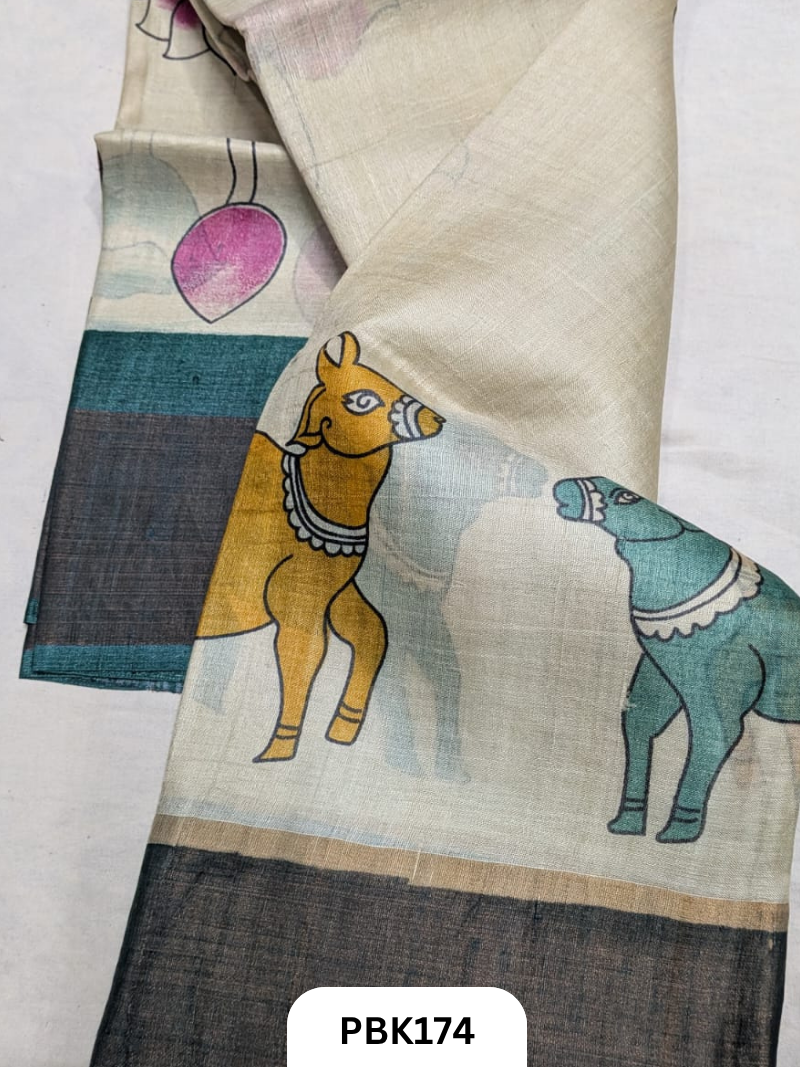Premium Pure Tussar Silk Handblock Print Saree – Kolkata Special