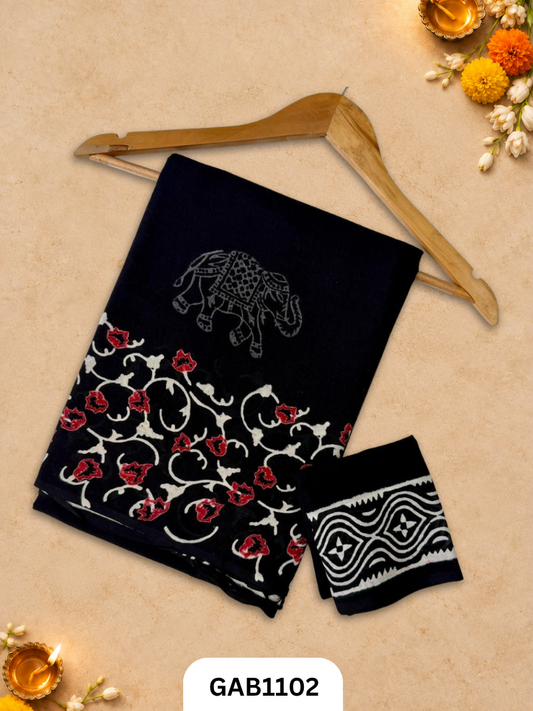 Bagru Handblock Print Mulmul Cotton Saree With Blouse