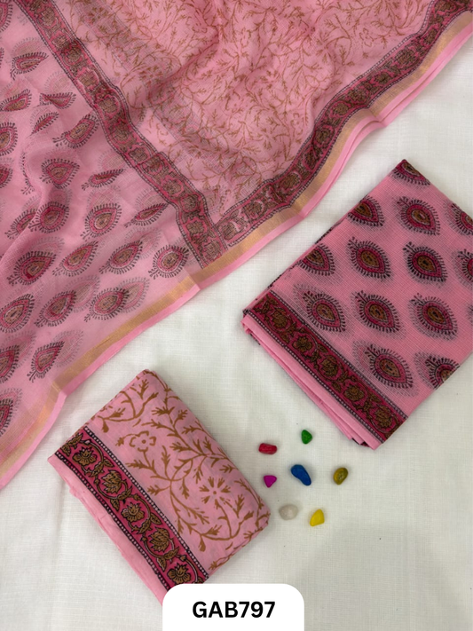 HandBlock Printed Kota Doriya Suit With Kota Doriya Duppta Cotton bottom | 2.5 mtr