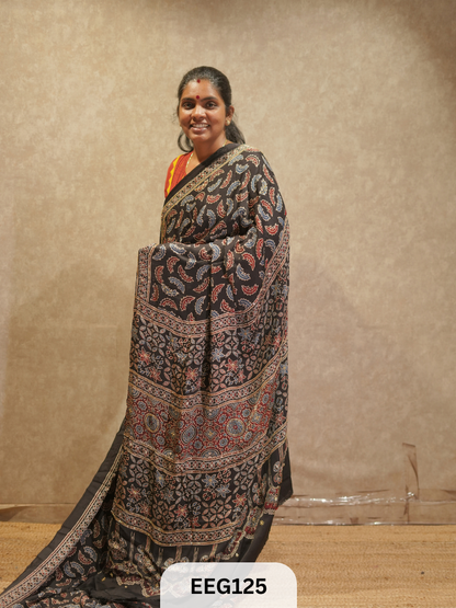 AJRAKH MODAL SAREE WITH KHATLI HANDWORK