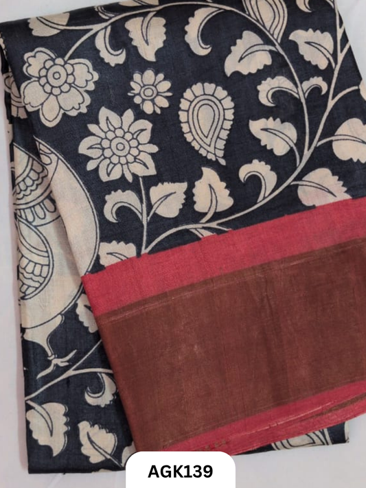 PREMIUM QUALITY  ZARI BORDER TUSSAR HAND BLOCK PRINTING WORK  WITH BLOUSE PIECE  SILK MARK CERTIFIED
