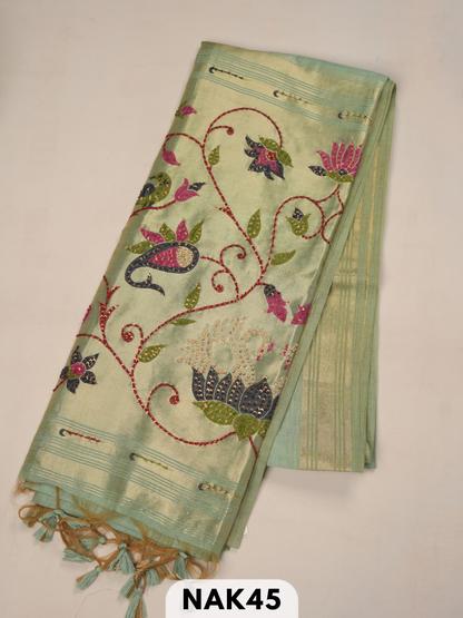 Semi Tussar paithani with Hand embroidry saree